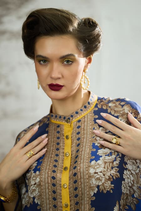 Buy_Rajdeep Ranawat_Blue Silk Embroidery Bandeau Neck Chanel Flower Print Tunic 