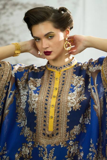 Shop_Rajdeep Ranawat_Blue Silk Embroidery Bandeau Neck Chanel Flower Print Tunic 