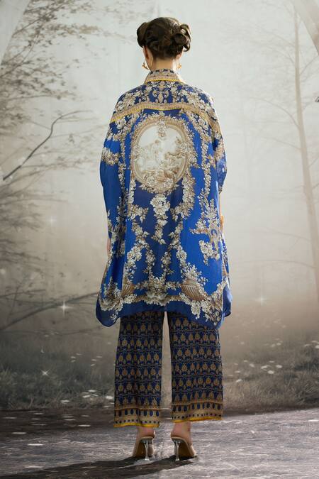 Shop_Rajdeep Ranawat_Blue Silk Embroidery Collared Kamara Printed Shirt Tunic _at_Aza_Fashions