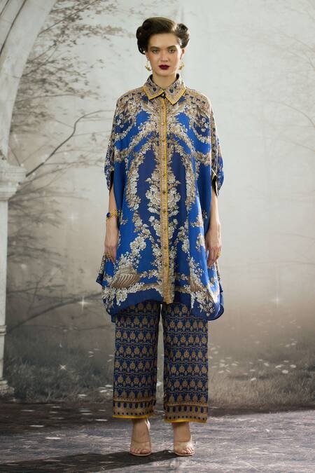 Rajdeep Ranawat_Blue Silk Embroidery Collared Kamara Printed Shirt Tunic _Online_at_Aza_Fashions