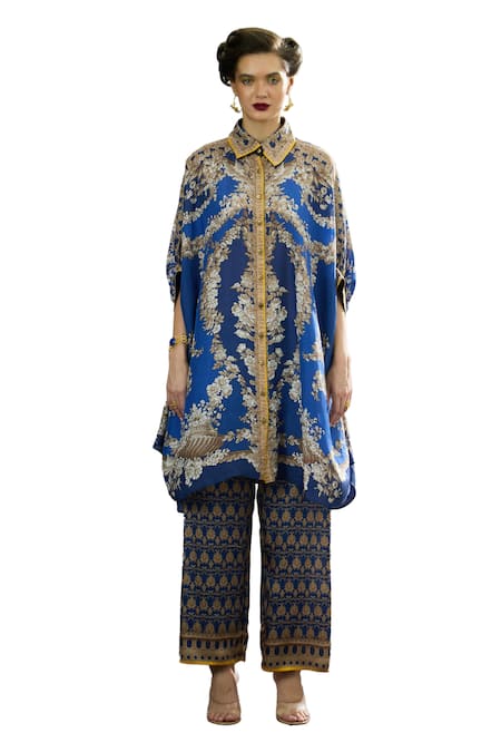 Buy_Rajdeep Ranawat_Blue Silk Embroidery Collared Kamara Printed Shirt Tunic _Online_at_Aza_Fashions
