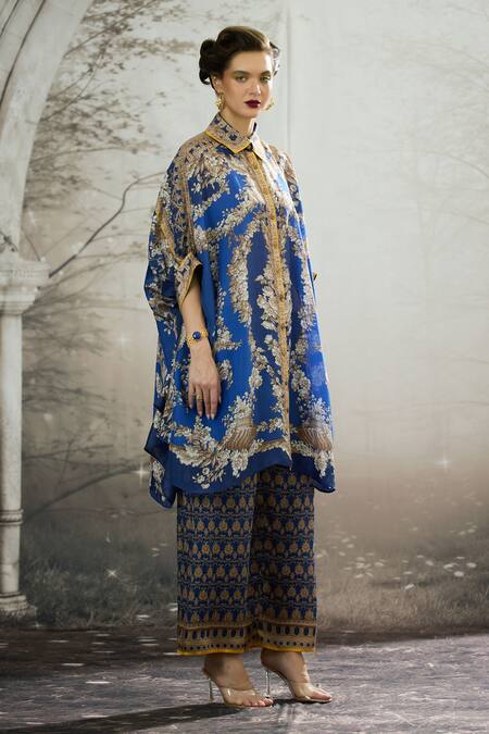 Shop_Rajdeep Ranawat_Blue Silk Embroidery Collared Kamara Printed Shirt Tunic _Online_at_Aza_Fashions