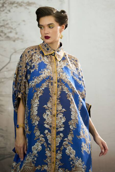 Shop_Rajdeep Ranawat_Blue Silk Embroidery Collared Kamara Printed Shirt Tunic 