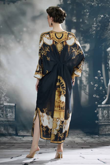 Shop_Rajdeep Ranawat_Black Silk V-neck Rasika Empire Bloom Print Kaftan _at_Aza_Fashions