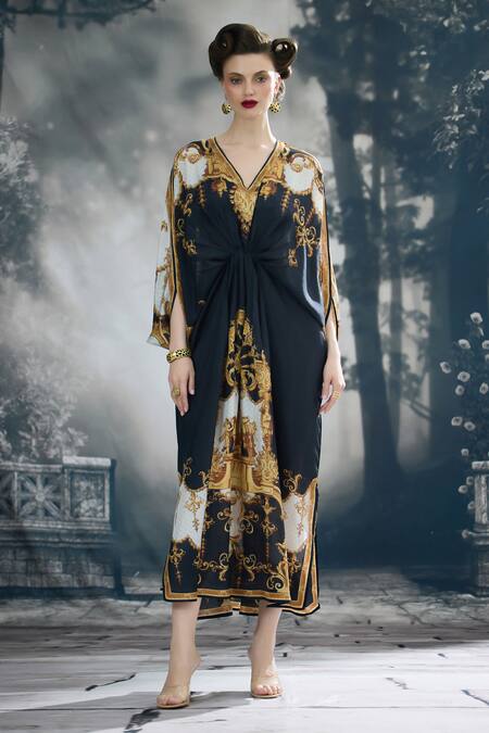 Rajdeep Ranawat_Black Silk V-neck Rasika Empire Bloom Print Kaftan _Online_at_Aza_Fashions