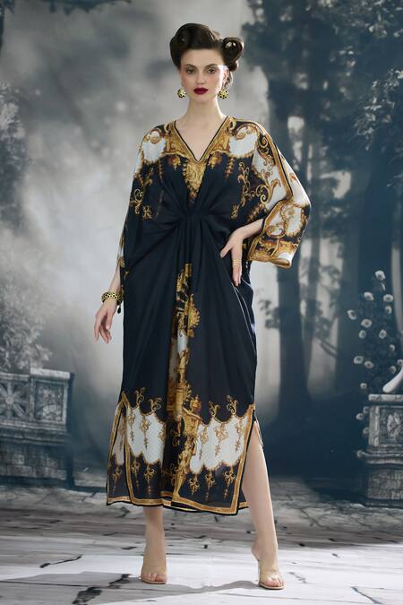 Buy_Rajdeep Ranawat_Black Silk V-neck Rasika Empire Bloom Print Kaftan _Online_at_Aza_Fashions
