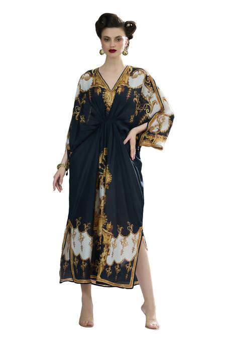 Shop_Rajdeep Ranawat_Black Silk V-neck Rasika Empire Bloom Print Kaftan _Online_at_Aza_Fashions