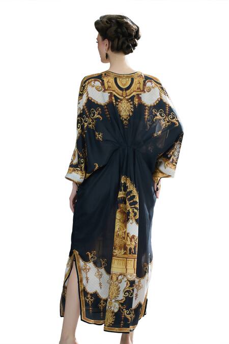 Rajdeep Ranawat_Black Silk V-neck Rasika Empire Bloom Print Kaftan _at_Aza_Fashions