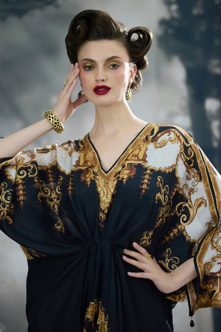Buy_Rajdeep Ranawat_Black Silk V-neck Rasika Empire Bloom Print Kaftan 