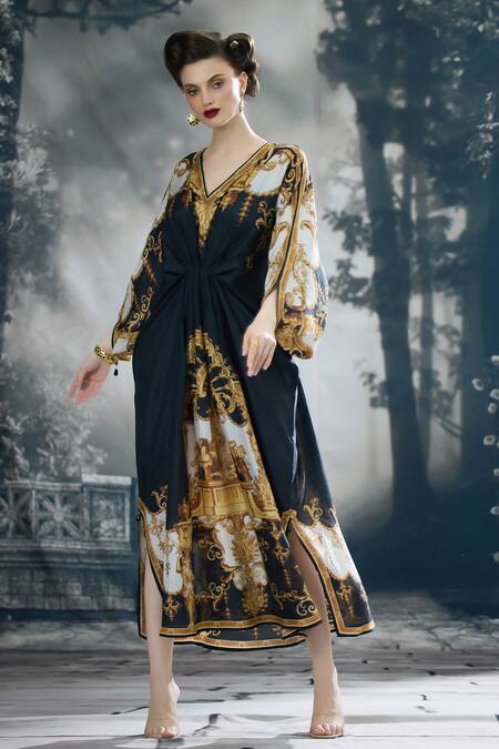 Shop_Rajdeep Ranawat_Black Silk V-neck Rasika Empire Bloom Print Kaftan 