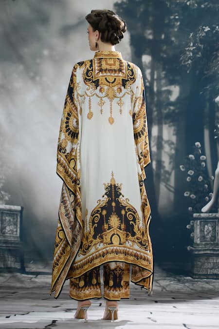 Shop_Rajdeep Ranawat_Black Silk Collared Sharifa Vintage Garden Print Kaftan _at_Aza_Fashions