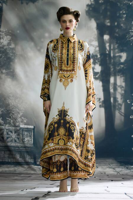 Rajdeep Ranawat_Black Silk Collared Sharifa Vintage Garden Print Kaftan _Online_at_Aza_Fashions