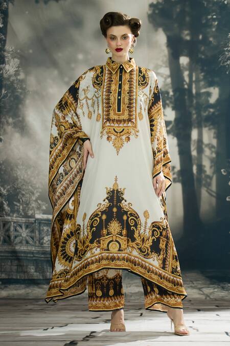 Buy_Rajdeep Ranawat_Black Silk Collared Sharifa Vintage Garden Print Kaftan _Online_at_Aza_Fashions