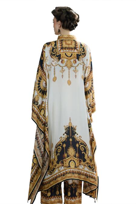 Shop_Rajdeep Ranawat_Black Silk Collared Sharifa Vintage Garden Print Kaftan _Online_at_Aza_Fashions