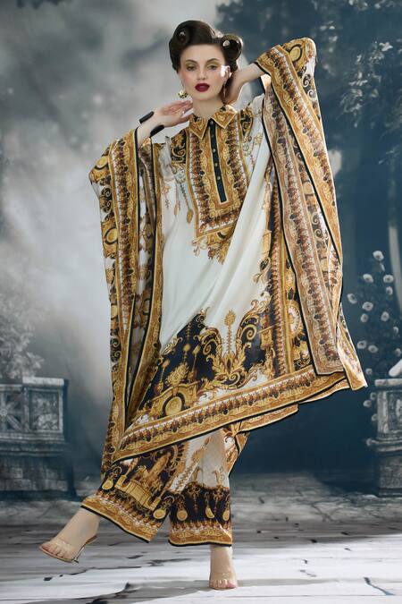 Rajdeep Ranawat_Black Silk Collared Sharifa Vintage Garden Print Kaftan _at_Aza_Fashions