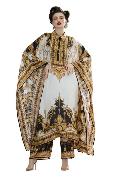 Buy_Rajdeep Ranawat_Black Silk Collared Sharifa Vintage Garden Print Kaftan 