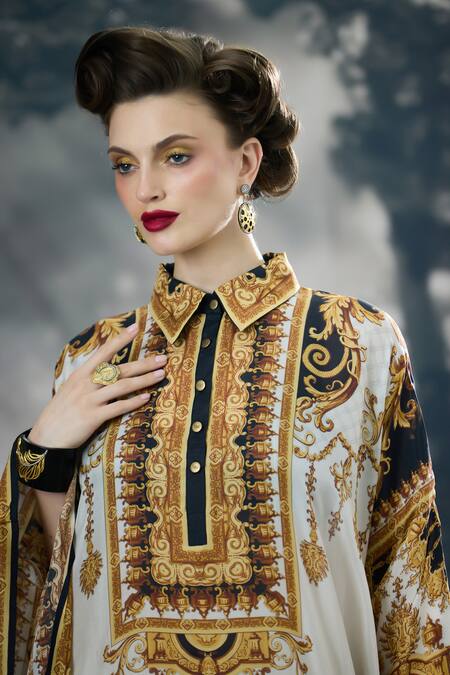 Shop_Rajdeep Ranawat_Black Silk Collared Sharifa Vintage Garden Print Kaftan 