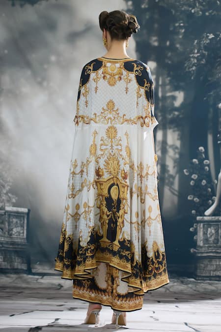 Shop_Rajdeep Ranawat_Black Silk Round Neck Caprice Vintage Fleur Print Asymmetric Tunic _at_Aza_Fashions