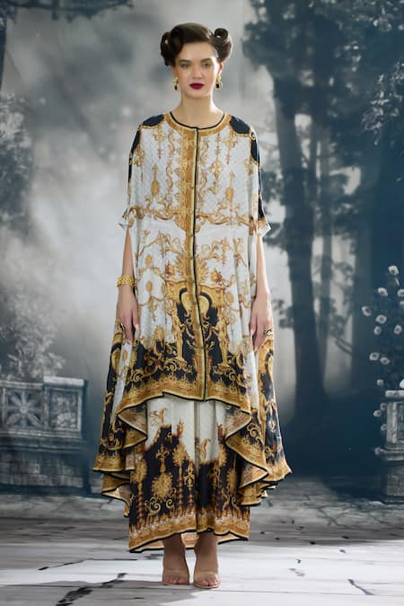 Rajdeep Ranawat_Black Silk Round Neck Caprice Vintage Fleur Print Asymmetric Tunic _Online_at_Aza_Fashions