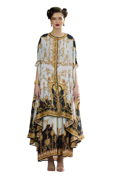 Buy_Rajdeep Ranawat_Black Silk Round Neck Caprice Vintage Fleur Print Asymmetric Tunic _Online_at_Aza_Fashions