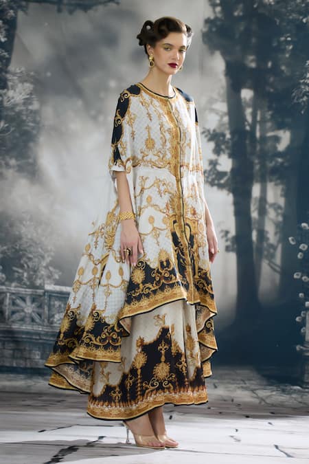 Shop_Rajdeep Ranawat_Black Silk Round Neck Caprice Vintage Fleur Print Asymmetric Tunic _Online_at_Aza_Fashions