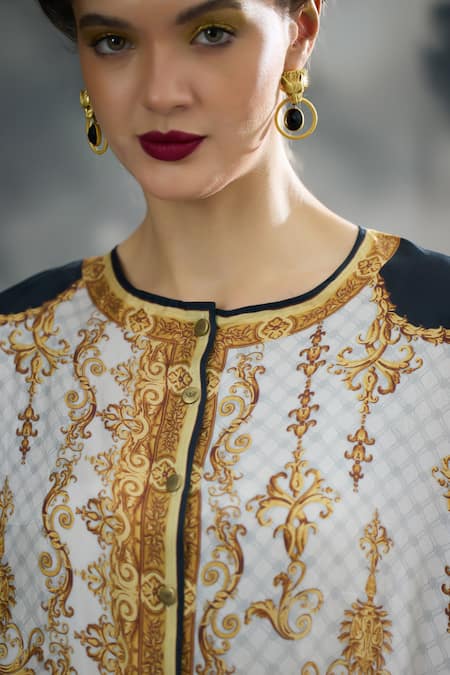 Buy_Rajdeep Ranawat_Black Silk Round Neck Caprice Vintage Fleur Print Asymmetric Tunic 