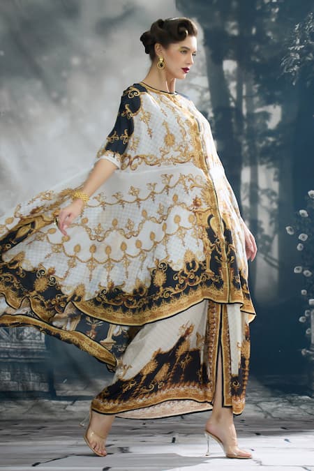 Shop_Rajdeep Ranawat_Black Silk Round Neck Caprice Vintage Fleur Print Asymmetric Tunic 