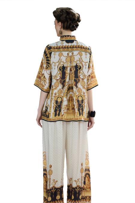 Shop_Rajdeep Ranawat_Black Silk Collared Maizah Vintage Kingdom Print Shirt _Online_at_Aza_Fashions
