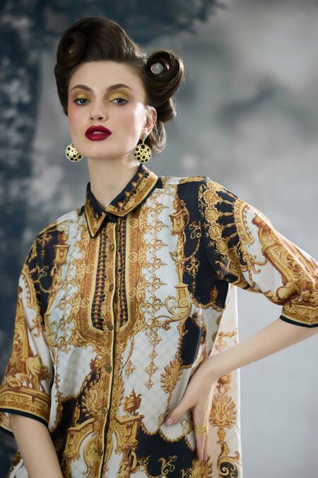 Shop_Rajdeep Ranawat_Black Silk Collared Maizah Vintage Kingdom Print Shirt 