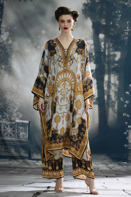 Rajdeep Ranawat_Black Silk Beads V-neck Gufrina Royal Garden Print Kaftan _Online_at_Aza_Fashions