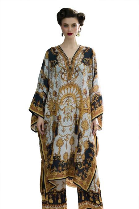 Buy_Rajdeep Ranawat_Black Silk Beads V-neck Gufrina Royal Garden Print Kaftan _Online_at_Aza_Fashions