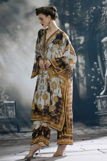 Shop_Rajdeep Ranawat_Black Silk Beads V-neck Gufrina Royal Garden Print Kaftan _Online_at_Aza_Fashions
