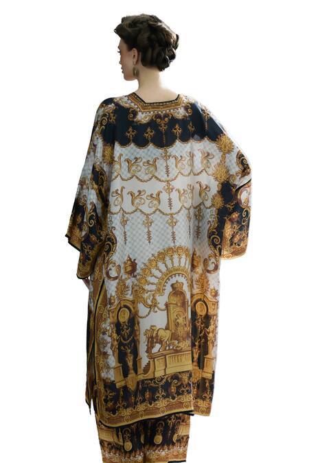Rajdeep Ranawat_Black Silk Beads V-neck Gufrina Royal Garden Print Kaftan _at_Aza_Fashions
