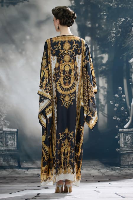 Shop_Rajdeep Ranawat_Black Silk V-neck Beatrice Vintage Clover Print Kaftan _at_Aza_Fashions