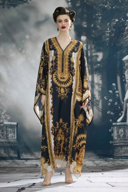 Rajdeep Ranawat_Black Silk V-neck Beatrice Vintage Clover Print Kaftan _Online_at_Aza_Fashions