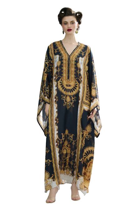 Buy_Rajdeep Ranawat_Black Silk V-neck Beatrice Vintage Clover Print Kaftan _Online_at_Aza_Fashions