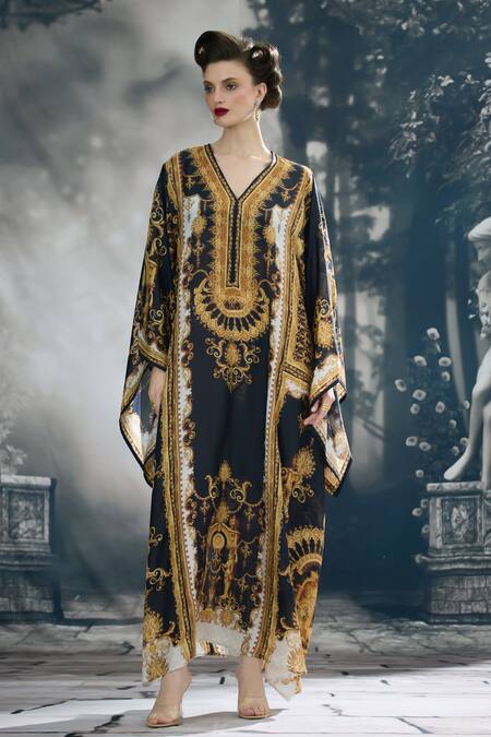 Shop_Rajdeep Ranawat_Black Silk V-neck Beatrice Vintage Clover Print Kaftan _Online_at_Aza_Fashions