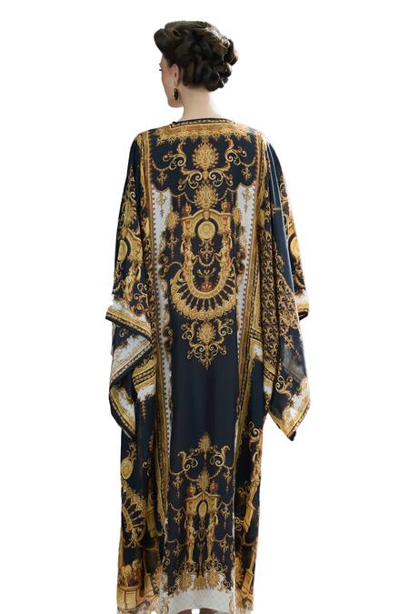 Rajdeep Ranawat_Black Silk V-neck Beatrice Vintage Clover Print Kaftan _at_Aza_Fashions