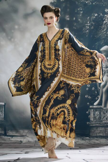 Buy_Rajdeep Ranawat_Black Silk V-neck Beatrice Vintage Clover Print Kaftan 