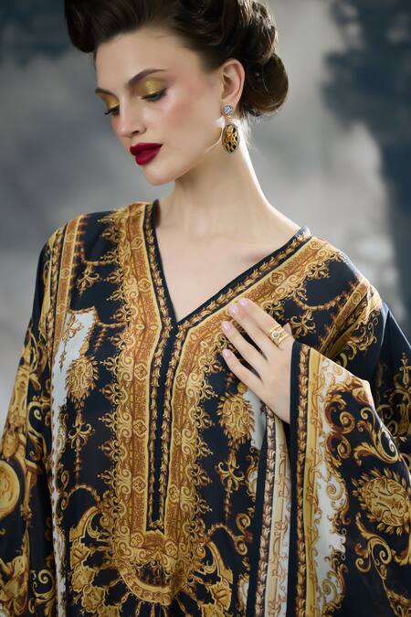 Shop_Rajdeep Ranawat_Black Silk V-neck Beatrice Vintage Clover Print Kaftan 