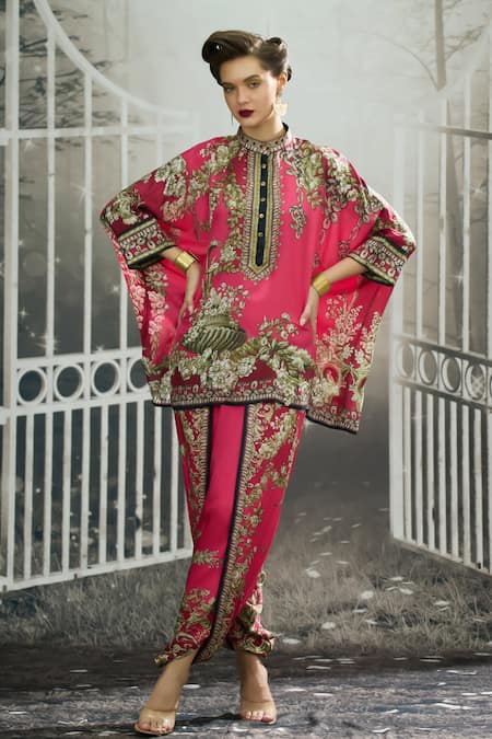 Rajdeep Ranawat Pink Silk Print Flora Treasure Band Collar Chanel Tunic
