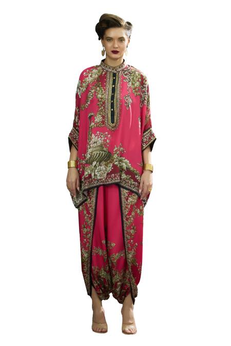 Buy_Rajdeep Ranawat_Pink Silk Embroidery Bandeau Neck Chanel Flora Treasure Print Tunic _Online_at_Aza_Fashions