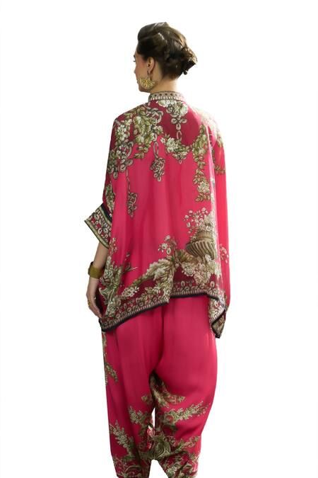 Rajdeep Ranawat_Pink Silk Embroidery Bandeau Neck Chanel Flora Treasure Print Tunic _at_Aza_Fashions