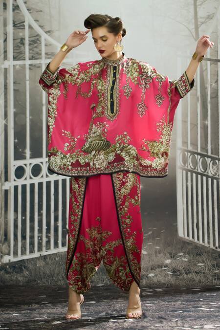 Buy_Rajdeep Ranawat_Pink Silk Embroidery Bandeau Neck Chanel Flora Treasure Print Tunic 