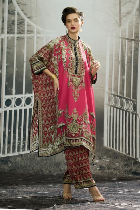 Rajdeep Ranawat Pink Silk Print Flora Crest Band Collar Chantelle Tunic