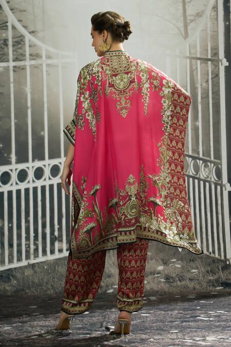 Shop_Rajdeep Ranawat_Pink Silk Embroidery Bandeau Neck Chantelle Flora Crest Print Tunic _at_Aza_Fashions