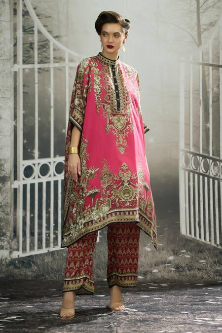 Buy_Rajdeep Ranawat_Pink Silk Embroidery Bandeau Neck Chantelle Flora Crest Print Tunic _Online_at_Aza_Fashions