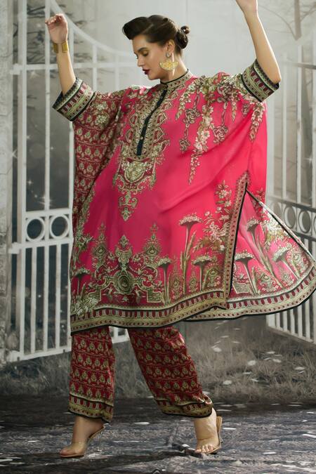 Rajdeep Ranawat_Pink Silk Embroidery Bandeau Neck Chantelle Flora Crest Print Tunic _at_Aza_Fashions