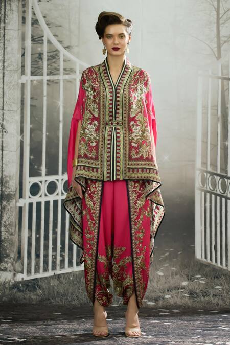 Rajdeep Ranawat_Pink Chloe Vintage Dahlia Print Cape _Online_at_Aza_Fashions
