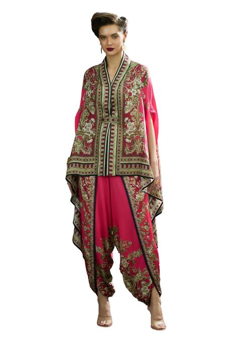 Buy_Rajdeep Ranawat_Pink Chloe Vintage Dahlia Print Cape _Online_at_Aza_Fashions